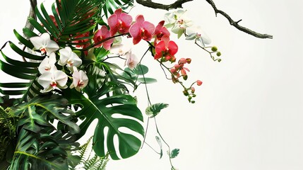 Tropical vibes plant bush floral arrangement with tropical leaves Monstera and fern and Vanda orchids tropical flower decor on tree branch liana vine plant isolated on white background : Generative AI