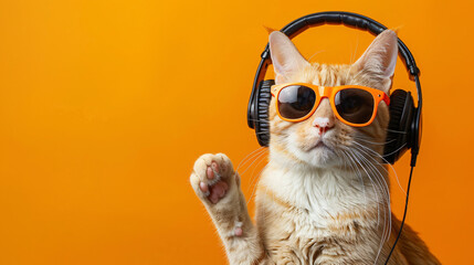 Cool cat with sunglasses and headphones enjoying music outdoors
