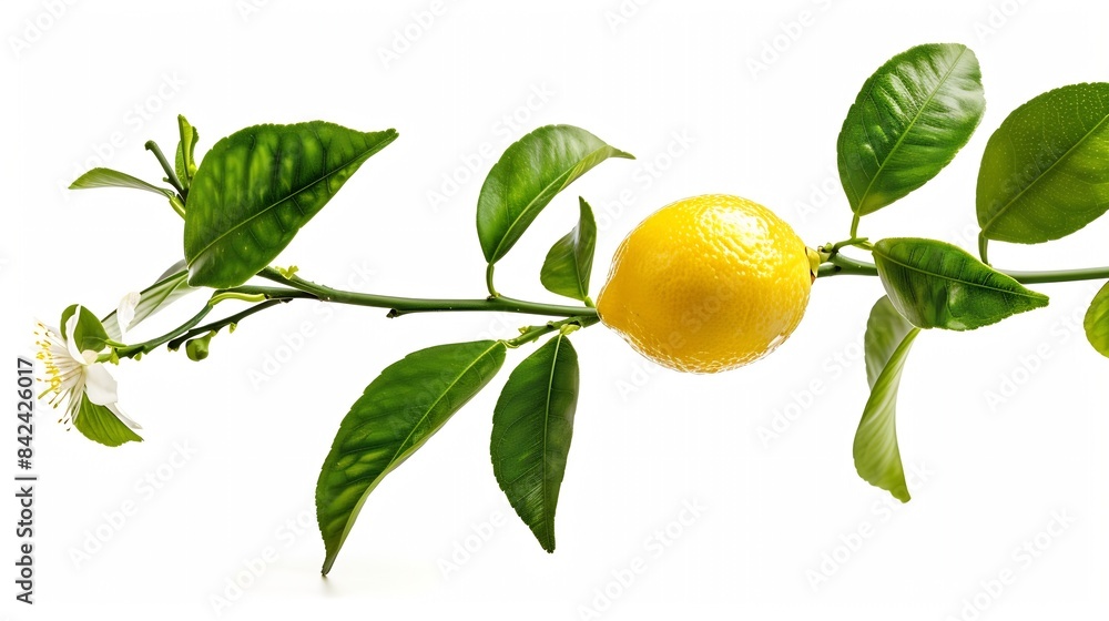 Poster lemon with green leaves and flower on tree branch isolated on white background : generative ai
