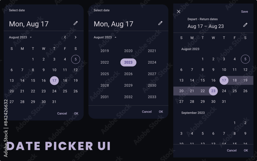 Poster modal date picker mobile component for dark ui. calendar schedule planning vector with icons app. sm