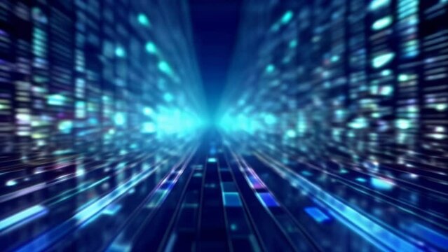 未来的な雰囲気を持つ鮮やかなデジタル都市景観。動きのブレ効果がスピードと進歩を感じさせる。照明された建物と光の軌跡がハイテクな雰囲気を高め、サイバーパンクの美学を想起させる。
