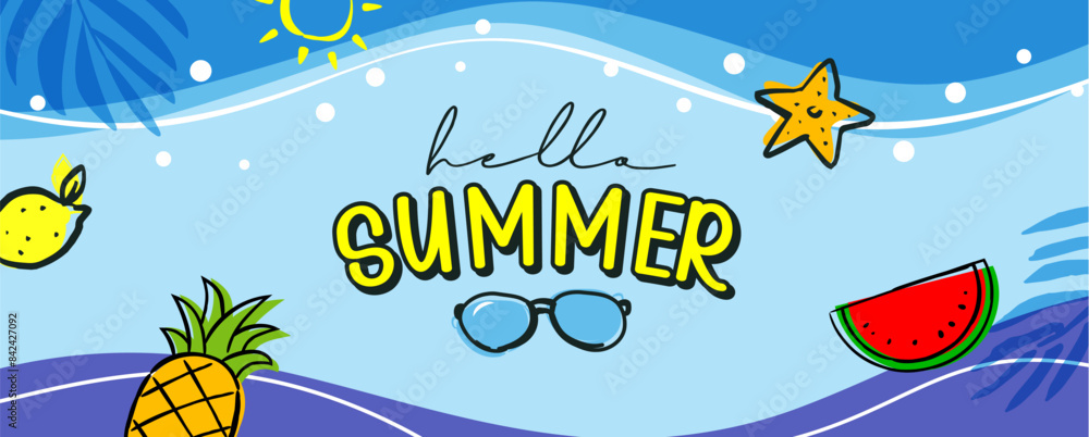 Poster hello summer banners design hand drawn style. summer with doodles and objects elements background.