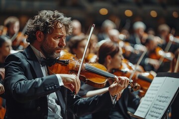 Fototapeta premium Male violinist performing with an orchestra in the background during a live concert