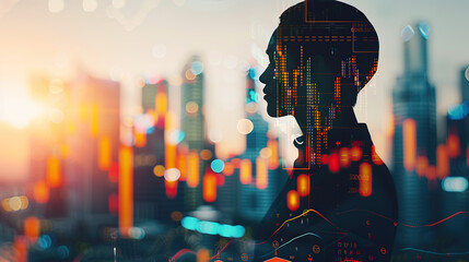 A double exposure of the silhouette profile of an executive man with stock market graphs and charts