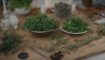 On the wooden table lie various herbs: mint, parsley, thyme, rosemary, green onions, and possibly more, neatly arranged for easy access in cooking or flavoring dishes.