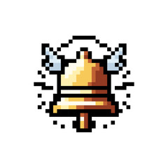 Pixel bell icon with wings. Vector illustration of a golden bell. 8 bit bell. Arcade game symbol, web icon.