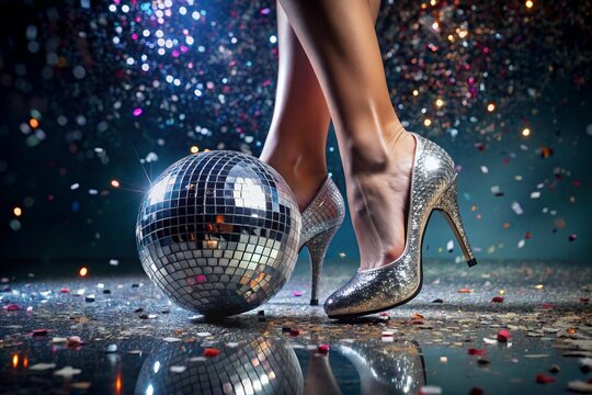 Women's legs in luxurious shiny pumps with heels at a party or disco on the background of a silver mirrored disco ball. The queen of the dance floor.