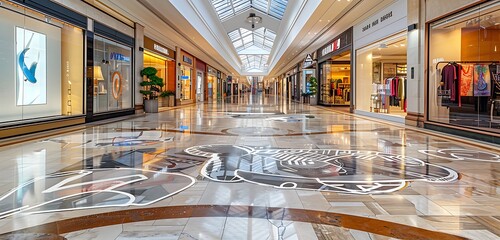 City shopping mall floor adorned with an expansive street art sticker.