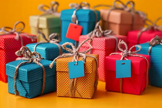 Colorful Wrapped Gift Boxes on Yellow Background