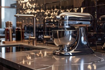 A striking, photorealistic image of a long shot emulsifier machine in a sleek, modern kitchen setting Capture the metallic gleam and intricate details of the machine,