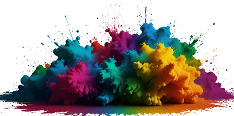 Vector colorful vibrant rainbow, smoke and cloud holi paint color powder explosion with bright colors isolated  on transparent background. Multicolored explosion of rainbow powder paint holi festival 