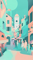 Stylized Cityscape Illustration with Busy Street Scene and Bell Tower