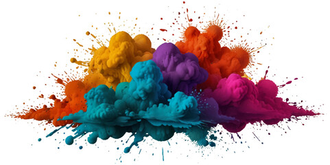 Vector colorful vibrant rainbow, smoke and cloud holi paint color powder explosion with bright colors isolated  on transparent background. Multicolored explosion of rainbow powder paint holi festival 