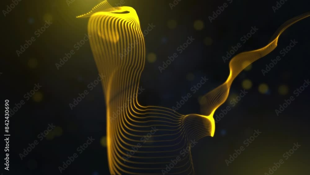 Poster abstract decorative yellow shiny flowing turbulence wavy lines with lens flares on flying blurry haz