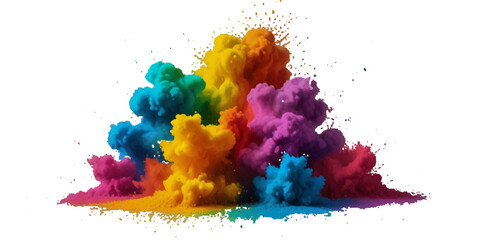 Multicolored rainbow explosion of cloud powder paint holi decoration isolated on transparent background. Vector abstract colorful rainbow holi paint festival background.