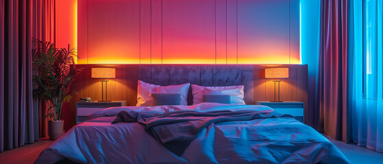 Stylish bedroom with neon bedside lamps and luxury decor