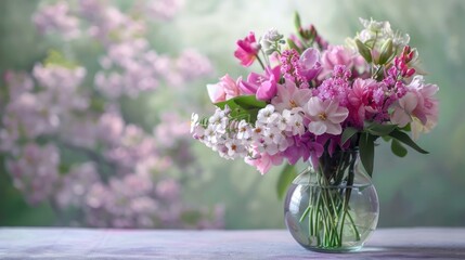 Arrangement of spring blooms in a clear vase