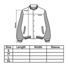 Size chart for Varsity that can be edited as needed. This design is for fashion brands, selling products, templates, advertisements, and others