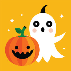 cute Halloween design, with a cute pumpkin and a little cute ghost vector illustration eps 10