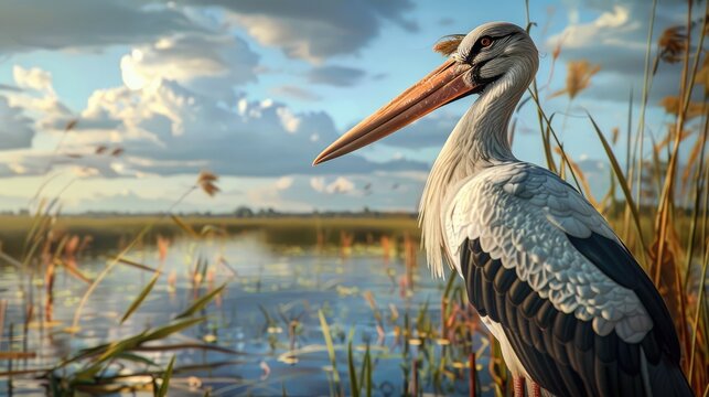 A painted stork portrait with a lake in the background during the day