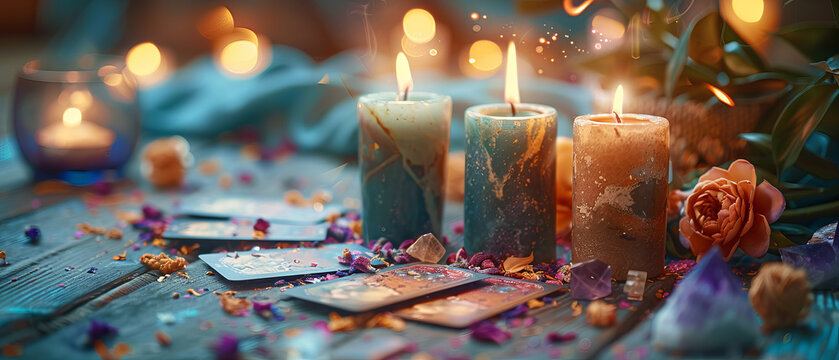 Tarot card reading with candles and crystals