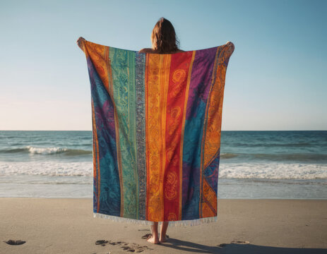 Un telo da mare con un pattern arcobaleno &egrave; adagiato sulla sabbia, con una borsa da spiaggia e un cappello di paglia posati accanto, pronti per una giornata di relax.
