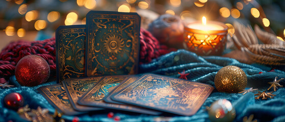 Tarot cards and astrological symbols on a velvet cloth