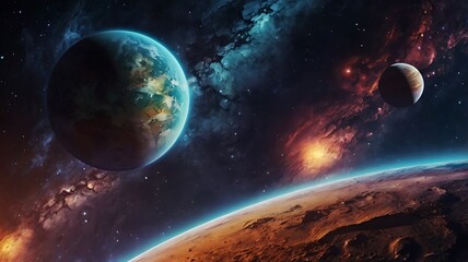 Obraz premium Fantasy space illustration with planets and stars, unique astronomical abstract background wallpaper