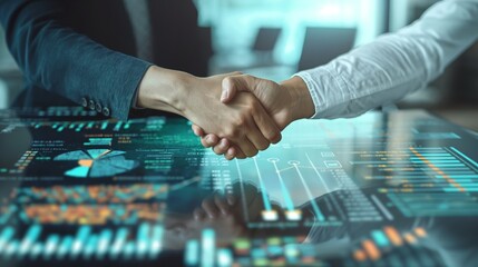 A business handshake is superimposed over a complex digital interface, symbolizing technology's role in agreements