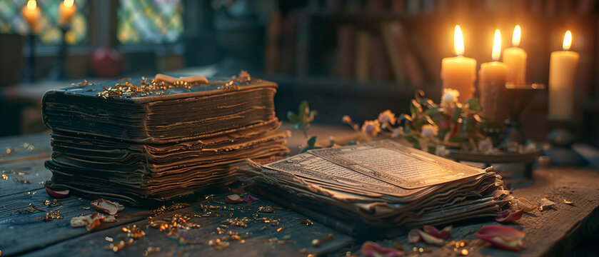 Tarot cards and mystical items on a wooden table