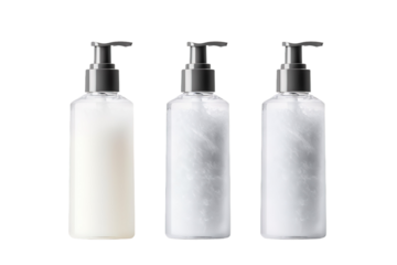 Trio of Elegance: Soap and Lotion Bottles on White or PNG Transparent Background.