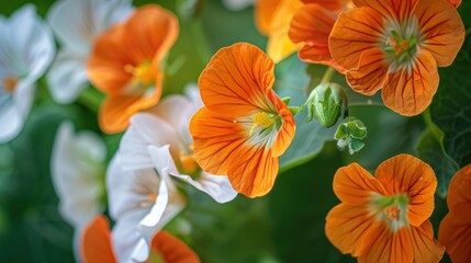 cluster of orange and white nasturtium flowers backlit by the sun