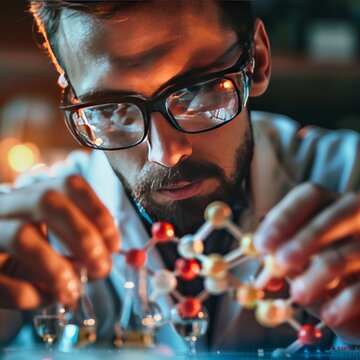 Close-up of a chemist analyzing molecular models, focusing on the intellectual challenge of chemical research Job ID: 5f87e4bd-af5e-44e0-a3e2-e33fefc1153e