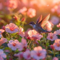 Fototapeta premium Serene Geranium Field with Hummingbird on Sunny Afternoon | Vibrant 8k HD Realistic Nature Scene without People