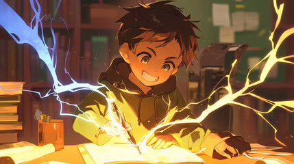 a boy is practicing learning electrical magic
