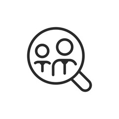 Employee search, magnifying glass with people in ties, linear style icon. Editable stroke width