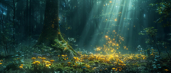 The dark, dense forest illuminated by a single vibrant bioluminescent mushroom