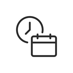 Calendar with clock, linear style icon. Scheduled time or appointment. Editable stroke width.