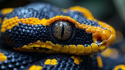 Fototapeta premium Black yellow banded tree snake looking at camera with shiny eye, scale exotic wildlife
