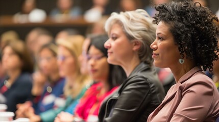 Obraz premium Women different ages ethnicities sitting in conference room listening to presentation about womens health, community motivation diversity achievement