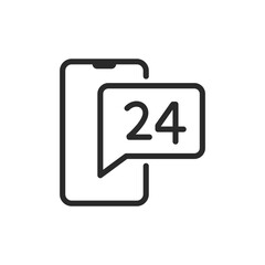 24/7 service on smartphone, linear style icon. round-the-clock availability and online service. Editable stroke width