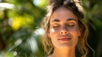 Fototapeta premium Serene woman with eyes closed enjoying sunlight in lush green environment, happy calm