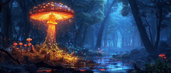 The dark forest illuminated by a single vibrant bioluminescent mushroom standing tall
