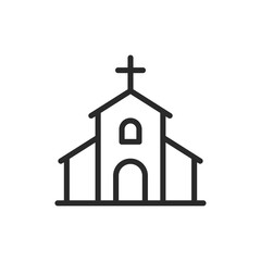 Church building icon. A building with a cross, representing religion and worship. Line with editable stroke.