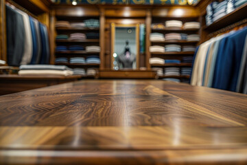 Obraz premium An elegant, polished wood fitting table in the foreground with a blurred background of a luxury tailor shop. The background features high-end fabrics, mannequins dressed in bespoke suits.