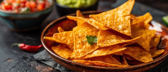 A stack of crispy, golden triangular tortilla chips, served with a side of guacamole and salsa
