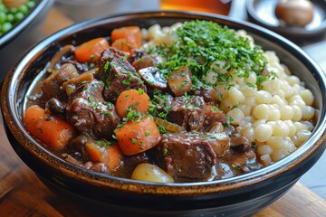 Beef Bourguignon A bowl of Beef Bourguignon with tender beef chunks in a rich red wine sauce, accompanied by mushrooms, carrots, and pearl onions. 