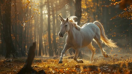 A beautiful white horse in the forest