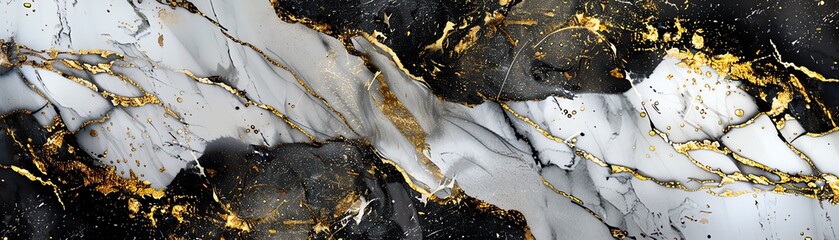 An intricate marble pattern featuring a harmonious mix of white, black, and gold, ideal for creating a luxurious ambiance