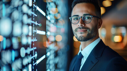 Portrait of a handsome businessman in a suit and glasses standing against a digital data background